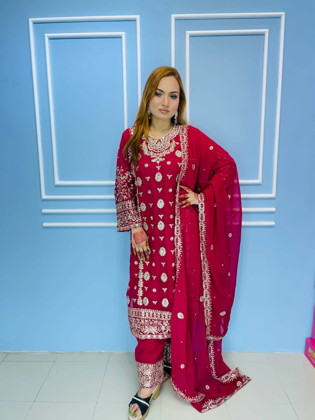 Royal Maroon Embroidered Semi-Stitched Salwar Kameez Set