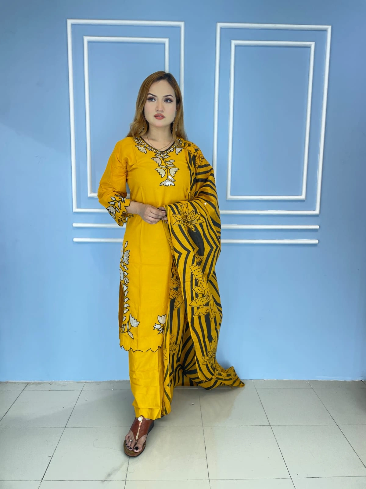 Mustard Yellow Cotton Printed Salwar Kameez Set