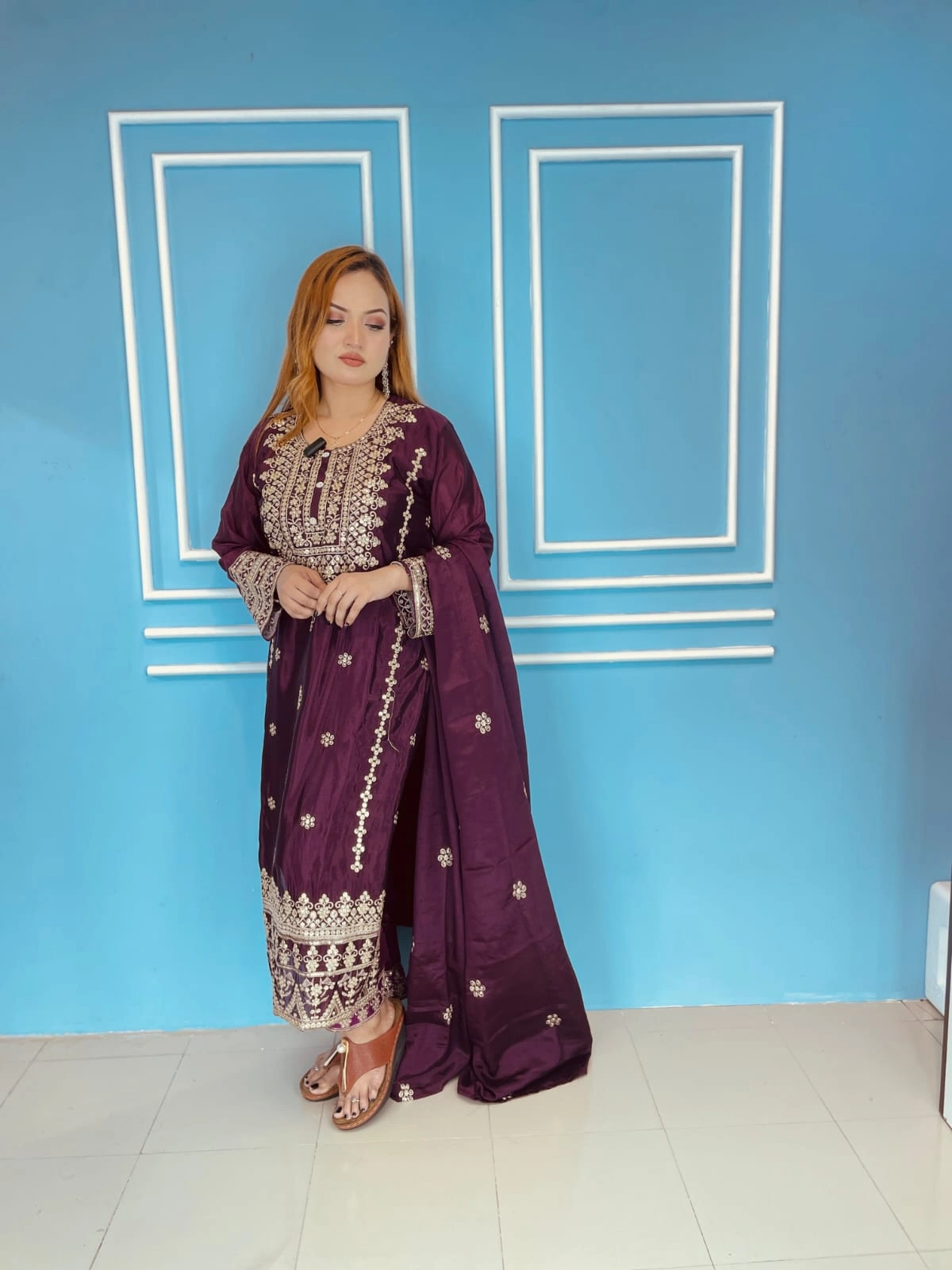 Deep Plum Embroidered Partywear Salwar Kameez Set