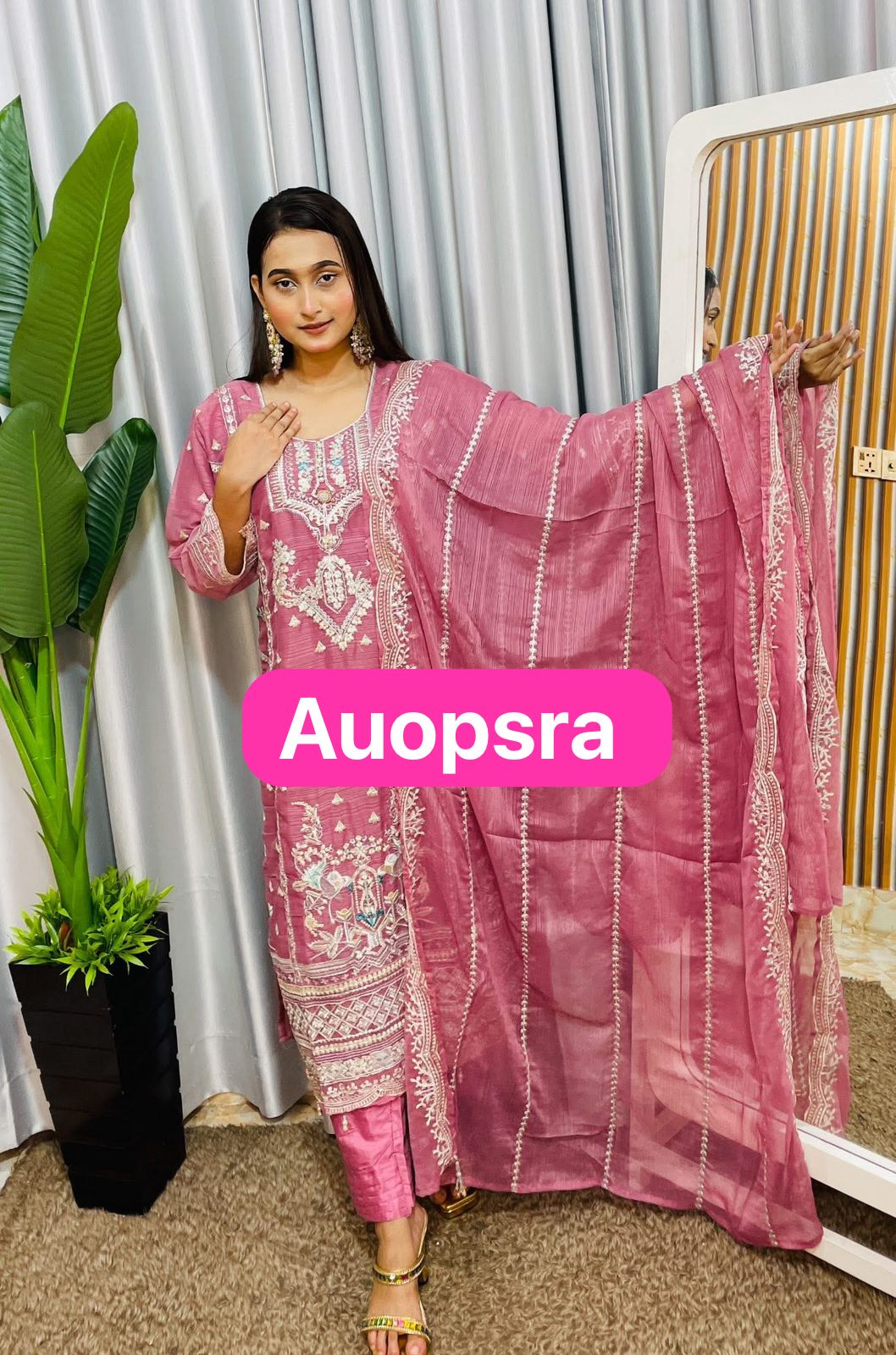 Pink white  Semi-Stitched Salwar Kameez Set