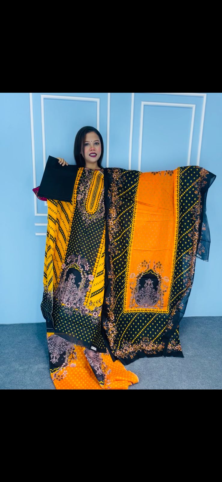 Black  Yellow Cotton Printed Salwar Kameez Set