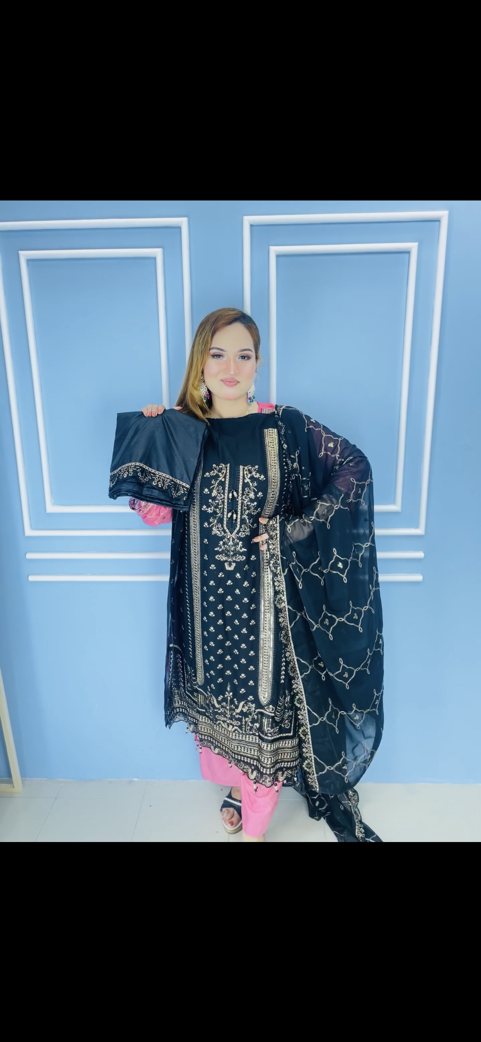 Black Embroidered Semi-Stitched Salwar Kameez Set