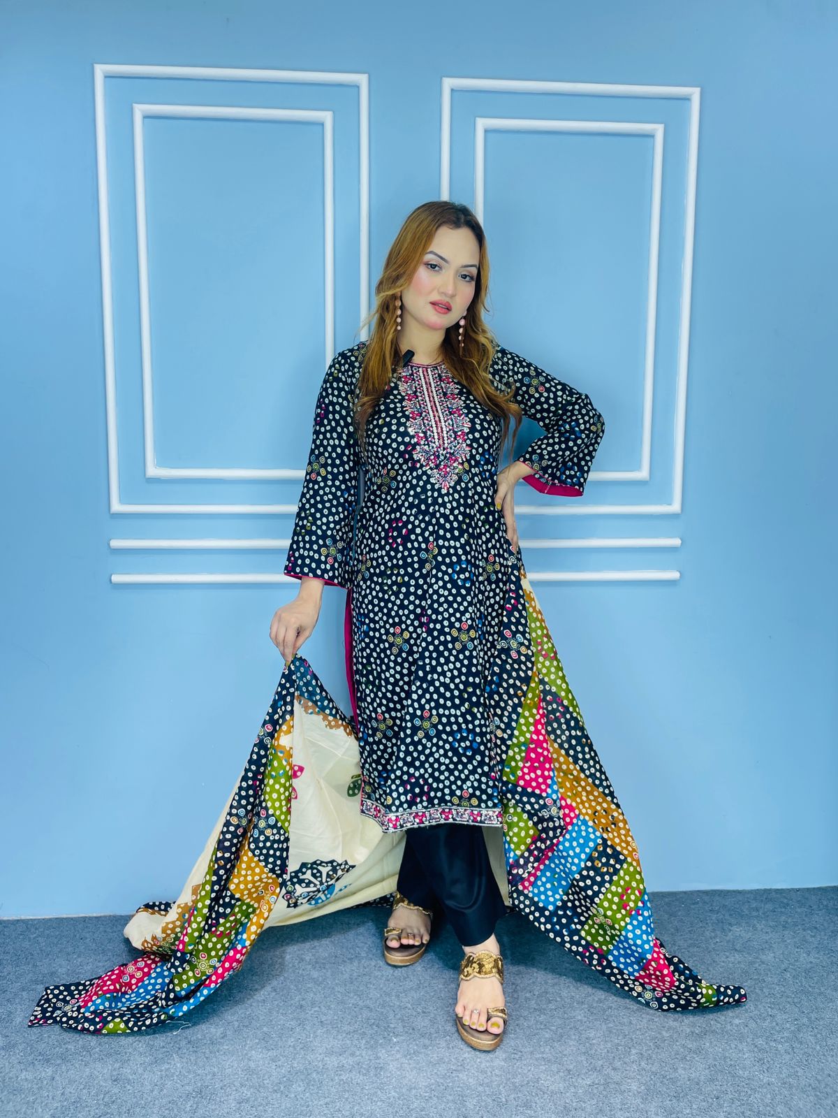 Deep Blue  Stone Print  Salwar Kameez Set