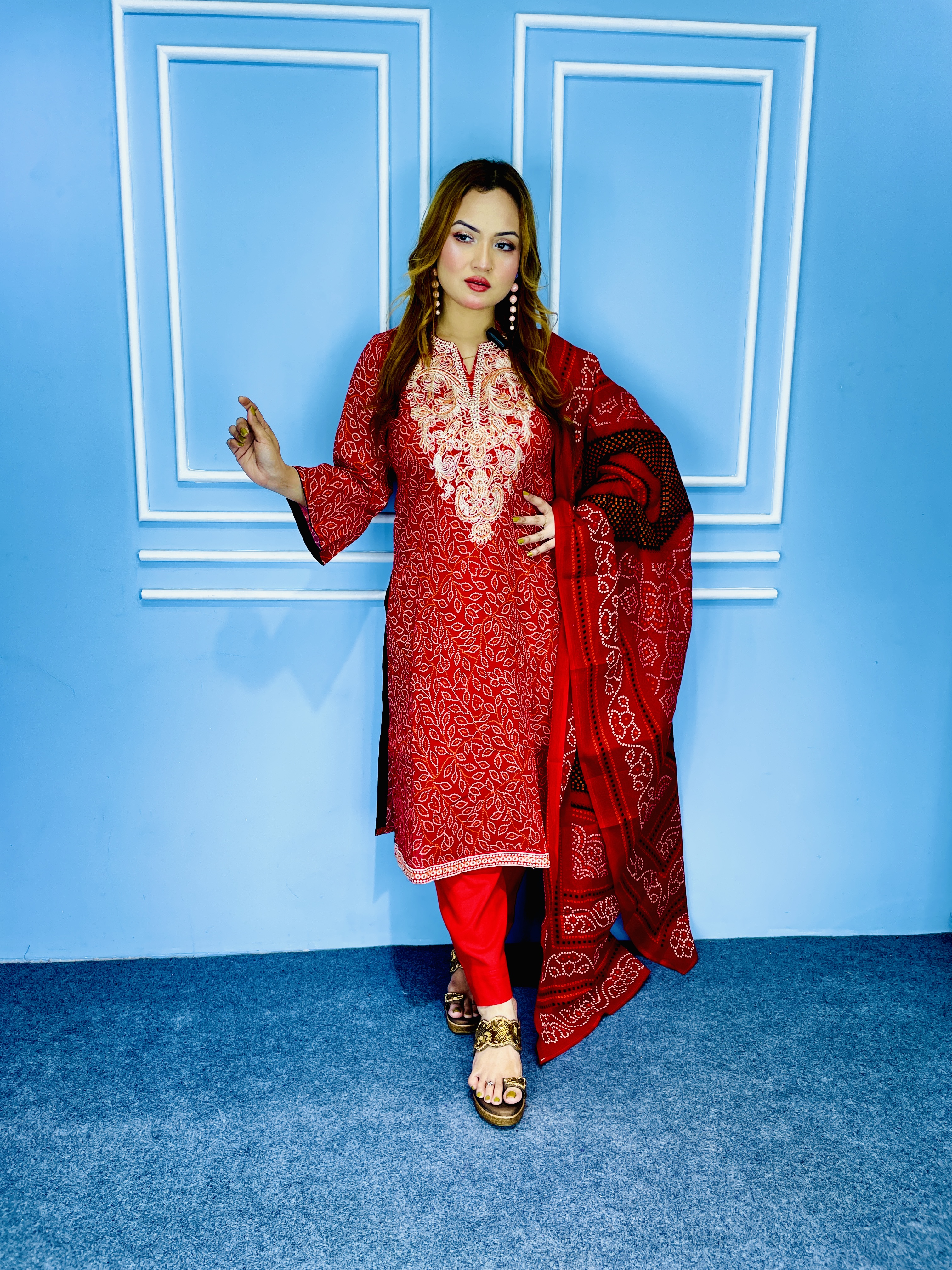 Red  Print Embroidery Sequence  Salwar Kameez Set